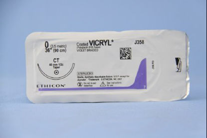Picture of Suture with Needle Coated Vicryl™ Absorbable Coated Violet Suture Braided Polyglactin 910 Size 0 36 Inch Suture 1-Needle 40 mm Length 1/2 Circle Taper Point NeedleJ358H