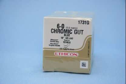 Picture of Suture with Needle Absorbable Uncoated Blue Suture Chromic Gut Size 6 - 0 18 Inch Suture Double-Armed 6.5 mm Length 3/8 Circle Micropoint - Spatula Needle1731G