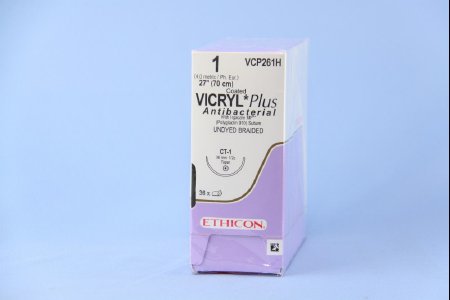 Picture of Antibacterial Suture with Needle Coated Vicryl™ Plus Absorbable Coated Undyed Suture Braided Polyglactin 910 with Irgacare MP Antibacterial Suture Size 1 27 Inch Suture 1-Needle 36 mm Length 1/2 Circle Taper Point NeedleVCP261H