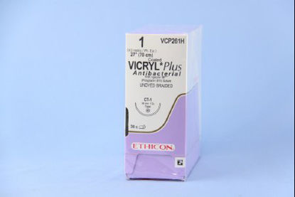 Picture of Antibacterial Suture with Needle Coated Vicryl™ Plus Absorbable Coated Undyed Suture Braided Polyglactin 910 with Irgacare MP Antibacterial Suture Size 1 27 Inch Suture 1-Needle 36 mm Length 1/2 Circle Taper Point NeedleVCP261H
