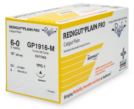 Picture of Suture with Needle Reli® Absorbable Uncoated Natural Suture Plain Gut Size 6 - 0 18 Inch Suture 1-Needle 13 mm Length 3/8 Circle Reverse Cutting NeedleGP1916-M