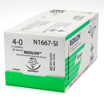 Picture of Suture with Needle Reli® Redilon™ Nonabsorbable Uncoated Black Suture Monofilament Nylon Size 4 - 0 18 Inch Suture 1-Needle 19 mm Length 3/8 Circle Precision Reverse Cutting NeedleN1667-M