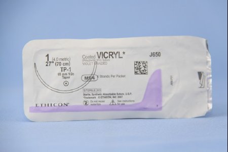 Picture of Suture with Needle Coated Vicryl™ Absorbable Coated Violet Suture Braided Polyglactin 910 Size 1 27 Inch Suture 1-Needle 65 mm Length 1/2 Circle Taper Point NeedleJ650G