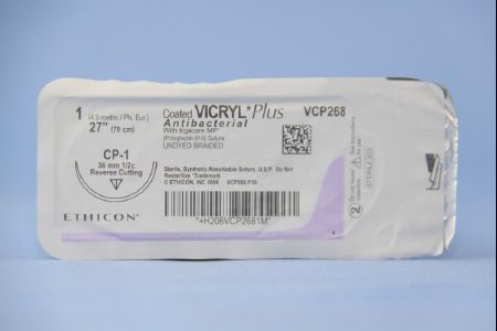 Picture of Antibacterial Suture with Needle Coated Vicryl™ Plus Absorbable Coated Undyed Suture Braided Polyglactin 910 with Irgacare MP Antibacterial Suture Size 1 27 Inch Suture 1-Needle 36 mm Length 1/2 Circle Reverse Cutting NeedleVCP268H