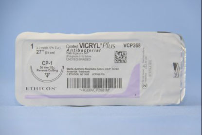 Picture of Antibacterial Suture with Needle Coated Vicryl™ Plus Absorbable Coated Undyed Suture Braided Polyglactin 910 with Irgacare MP Antibacterial Suture Size 1 27 Inch Suture 1-Needle 36 mm Length 1/2 Circle Reverse Cutting NeedleVCP268H