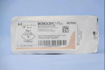 Picture of Antibacterial Suture with Needle Monocryl™ Plus Absorbable Uncoated Undyed Suture Poliglecaprone 25 with Irgacare MP Antibacterial Suture Size 4 - 0 18 Inch Suture 1-Needle 24 mm Length 3/8 Circle Reverse Cutting NeedleMCP682H
