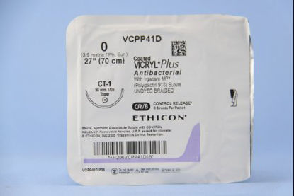 Picture of Antibacterial Suture with Needle Coated Vicryl™ Plus Absorbable Coated Undyed Suture Braided Polyglactin 910 with Irgacare MP Antibacterial Suture Size 0 27 Inch Suture 1-Needle 36 mm Length 1/2 Circle Taper Point NeedleVCPP41D