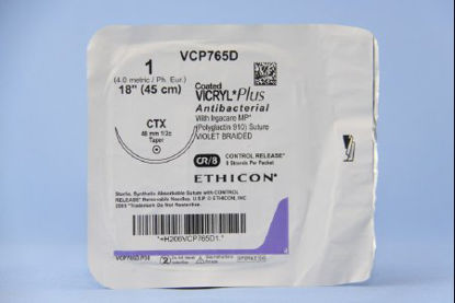 Picture of Antibacterial Suture with Needle Coated Vicryl™ Plus Absorbable Coated Violet Suture Braided Polyglactin 910 with Irgacare MP Antibacterial Suture Size 1 18 Inch Suture 1-Needle 48 mm Length 1/2 Circle Taper Point NeedleVCP765D