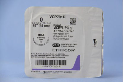 Picture of Antibacterial Suture with Needle Coated Vicryl™ Plus Absorbable Coated Violet Suture Braided Polyglactin 910 with Irgacare MP Antibacterial Suture Size 0 18 Inch Suture 1-Needle 36.4 mm Length 1/2 Circle Taper Point NeedleVCP701D