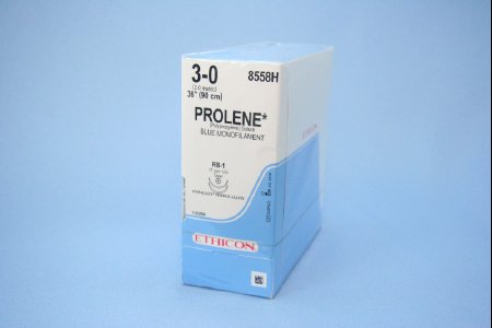 Picture of Suture with Needle Prolene™ Nonabsorbable Uncoated Blue Suture Monofilament Polypropylene Suture Size 3 - 0 36 Inch Suture Double-Armed 17 mm Length 1/2 Circle Taper Point Needle8558H