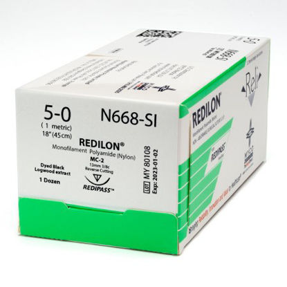 Picture of Suture with Needle Reli® Redilon™ Nonabsorbable Uncoated Black Suture Monofilament Nylon Size 5 - 0 18 Inch Suture 1-Needle 13 mm Length 3/8 Circle Reverse Cutting NeedleN668-M