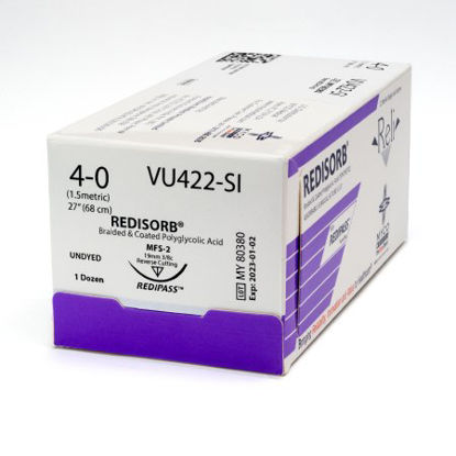 Picture of Suture with Needle Reli® Redisorb™ Absorbable Coated Undyed Suture Braided Polyglycolic Acid Suture Size 4 - 0 27 Inch Suture 1-Needle 19 mm Length 3/8 Circle Reverse Cutting NeedleVU422-M