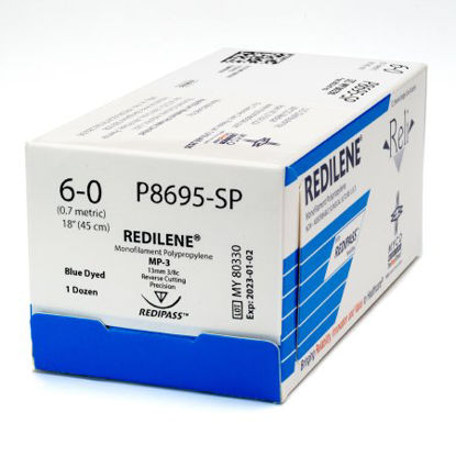 Picture of Suture with Needle Reli® Redilene™ Nonabsorbable Uncoated Blue Suture Monofilament Polypropylene Suture Size 6 - 0 18 Inch Suture 1-Needle 13 mm Length 3/8 Circle Reverse Cutting Needle with Precision PointP8695-M
