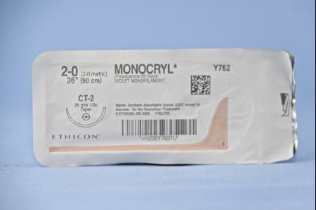Picture of Suture with Needle Monocryl™ Absorbable Uncoated Violet Suture Monofilament Poliglecaprone Size 2 - 0 36 Inch Suture 1-Needle 26 mm Length 1/2 Circle Taper Point NeedleY762H