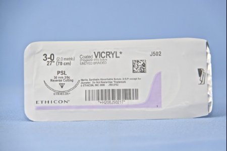 Picture of Suture with Needle Coated Vicryl™ Absorbable Coated Undyed Suture Braided Polyglactin 910 Size 3 - 0 27 Inch Suture 1-Needle 30 mm Length 3/8 Circle Reverse Cutting NeedleJ502H