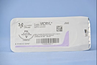 Picture of Suture with Needle Coated Vicryl™ Absorbable Coated Undyed Suture Braided Polyglactin 910 Size 3 - 0 27 Inch Suture 1-Needle 30 mm Length 3/8 Circle Reverse Cutting NeedleJ502H