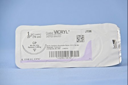 Picture of Suture with Needle Coated Vicryl™ Absorbable Coated Undyed Suture Braided Polyglactin 910 Size 1 27 Inch Suture 1-Needle 40 mm Length 1/2 Circle Reverse Cutting NeedleJ196H