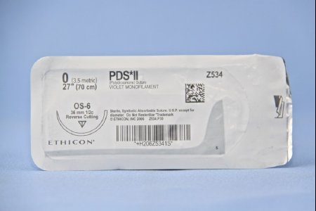 Picture of Suture with Needle PDS™ II Absorbable Uncoated Violet Suture Monofilament Polydioxanone Size 0 27 Inch Suture 1-Needle 36.4 mm Length 1/2 Circle Reverse Cutting NeedleZ534T