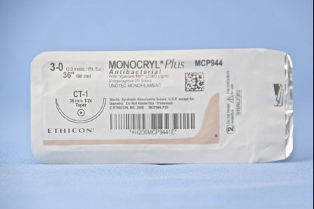 Picture of Antibacterial Suture with Needle Monocryl™ Plus Absorbable Uncoated Undyed Suture Poliglecaprone 25 with Irgacare MP Antibacterial Suture Size 3 - 0 36 Inch Suture 1-Needle 36 mm Length 1/2 Circle Taper Point NeedleMCP944H
