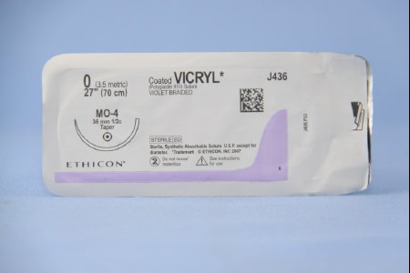 Picture of Suture with Needle Coated Vicryl™ Absorbable Coated Violet Suture Braided Polyglactin 910 Size 0 27 Inch Suture 1-Needle 36.4 mm Length 1/2 Circle Taper Point NeedleJ436H