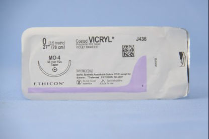 Picture of Suture with Needle Coated Vicryl™ Absorbable Coated Violet Suture Braided Polyglactin 910 Size 0 27 Inch Suture 1-Needle 36.4 mm Length 1/2 Circle Taper Point NeedleJ436H