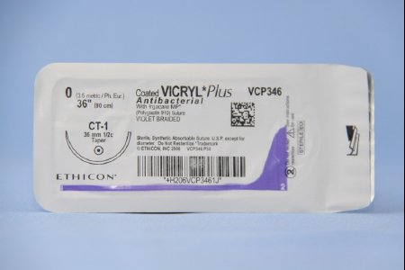 Picture of Antibacterial Suture with Needle Coated Vicryl™ Plus Absorbable Coated Violet Suture Braided Polyglactin 910 with Irgacare MP Antibacterial Suture Size 0 36 Inch Suture 1-Needle 36 mm Length 1/2 Circle Taper Point NeedleVCP346H