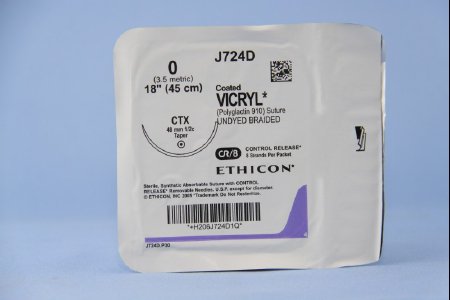 Picture of Suture with Needle Coated Vicryl™ Absorbable Coated Undyed Suture Braided Polyglactin 910 Size 0 18 Inch Suture 1-Needle 48 mm Length 1/2 Circle Taper Point NeedleJ724D