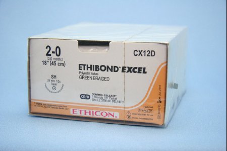 Picture of Suture with Needle Ethibond Nonabsorbable Coated Green Suture Braided Polyester Size 2 - 0 18 Inch Suture 1-Needle 26 mm Length 1/2 Circle Taper Point NeedleCX12D