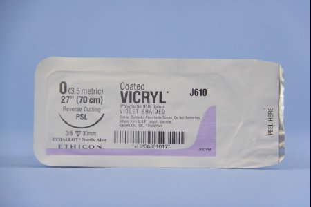 Picture of Suture with Needle Coated Vicryl™ Absorbable Coated Violet Suture Braided Polyglactin 910 Size 0 27 Inch Suture 1-Needle 30 mm Length 3/8 Circle Reverse Cutting NeedleJ610H