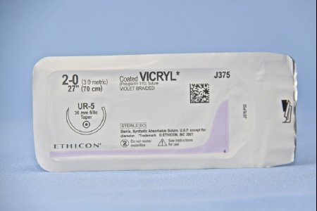 Picture of Suture with Needle Coated Vicryl™ Absorbable Coated Violet Suture Braided Polyglactin 910 Size 2 - 0 27 Inch Suture 1-Needle 36.4 mm Length 5/8 Circle Taper Point NeedleJ375H