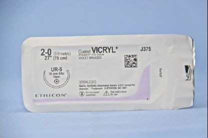 Picture of Suture with Needle Coated Vicryl™ Absorbable Coated Violet Suture Braided Polyglactin 910 Size 2 - 0 27 Inch Suture 1-Needle 36.4 mm Length 5/8 Circle Taper Point NeedleJ375H