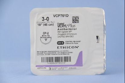 Picture of Antibacterial Suture with Needle Coated Vicryl™ Plus Absorbable Coated Undyed Suture Braided Polyglactin 910 with Irgacare MP Antibacterial Suture Size 3 - 0 18 Inch Suture 1-Needle 26 mm Length 1/2 Circle Reverse Cutting NeedleVCP761D
