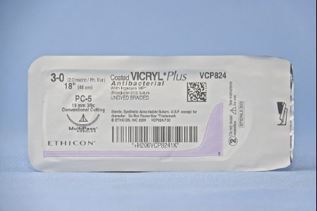 Picture of Antibacterial Suture with Needle Coated Vicryl™ Plus Absorbable Coated Undyed Suture Braided Polyglactin 910 with Irgacare MP Antibacterial Suture Size 3 - 0 18 Inch Suture 1-Needle 19 mm Length 3/8 Circle Precision Cosmetic - Conventional Cutting PRIME NeedleVCP824G