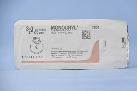 Picture of Suture with Needle Monocryl™ Absorbable Uncoated Violet Suture Monofilament Poliglecaprone Size 3 - 0 27 Inch Suture 1-Needle 26 mm Length 5/8 Circle Taper Point NeedleY604H