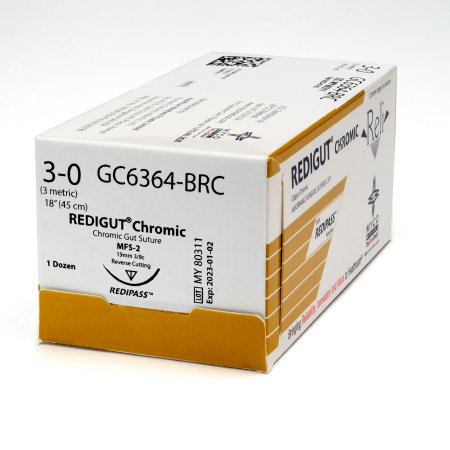 Picture of Suture with Needle Reli® Absorbable Uncoated Undyed Suture Chromic Gut Size 3 - 0 18 Inch Suture 1-Needle 19 mm Length 3/8 Circle Reverse Cutting NeedleGC6364-M