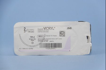 Picture of Suture with Needle Coated Vicryl™ Absorbable Coated Undyed Suture Braided Polyglactin 910 Size 2 27 Inch Suture 1-Needle 65 mm Length 1/2 Circle Taper Point NeedleJ849G