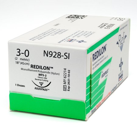 Picture of Suture with Needle Reli® Redilon™ Nonabsorbable Uncoated Black Suture Monofilament Nylon Size 4 - 0 10 Inch Suture 1-Needle 19 mm Length 3/8 Circle Reverse Cutting NeedleN928-M