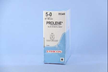 Picture of Suture with Needle Prolene™ Nonabsorbable Uncoated Blue Suture Monofilament Polypropylene Suture Size 5 - 0 36 Inch Suture Double-Armed 17 mm Length 1/2 Circle Taper Cut Needle8934H
