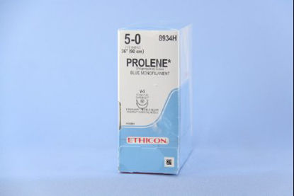 Picture of Suture with Needle Prolene™ Nonabsorbable Uncoated Blue Suture Monofilament Polypropylene Suture Size 5 - 0 36 Inch Suture Double-Armed 17 mm Length 1/2 Circle Taper Cut Needle8934H