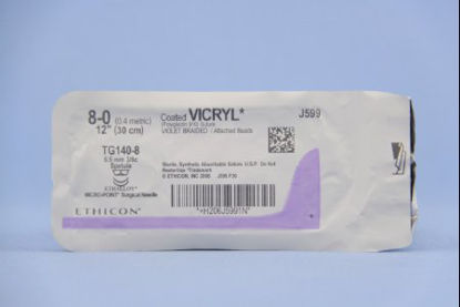 Picture of Suture with Needle Coated Vicryl™ Absorbable Coated Violet Suture Braided Polyglactin 910 Size 8 - 0 12 Inch Suture Double-Armed 6.5 mm Length 3/8 Circle Spatula NeedleJ599G