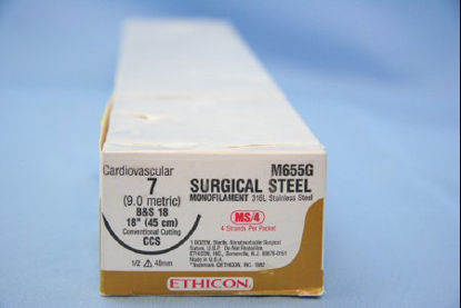 Picture of Suture with Needle Nonabsorbable Uncoated Silver Suture Stainless Steel Size 7 18 Inch Suture 1-Needle 48 mm Length 1/2 Circle Conventional Cutting Sternum NeedleM655G