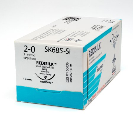 Picture of Suture with Needle Reli® Redisilk™ Nonabsorbable Uncoated Black Suture Braided Silk Size 2 - 0 18 Inch Suture 1-Needle 26 mm Length 3/8 Circle Reverse Cutting NeedleSK685-M