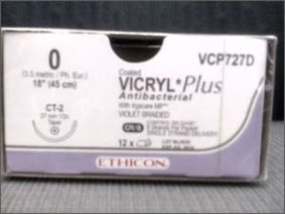 Picture of Antibacterial Suture with Needle Coated Vicryl™ Plus Absorbable Coated Violet Suture Braided Polyglactin 910 with Irgacare MP Antibacterial Suture Size 0 18 Inch Suture 1-Needle 26 mm Length 1/2 Circle Taper Point NeedleVCP727D