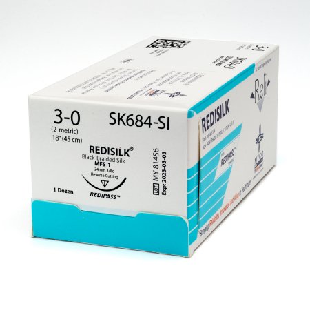 Picture of Suture with Needle Reli® Redisilk™ Nonabsorbable Uncoated Black Suture Braided Silk Size 3 - 0 18 Inch Suture 1-Needle 24 mm Length 3/8 Circle Reverse Cutting NeedleSK684-M