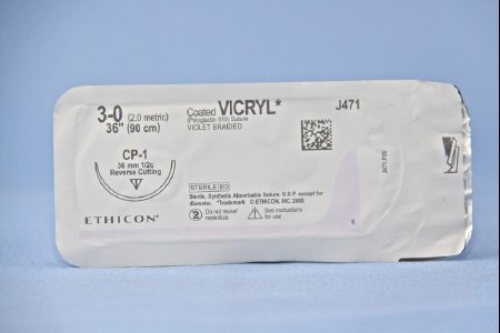 Picture of Suture with Needle Coated Vicryl™ Absorbable Coated Violet Suture Braided Polyglactin 910 Size 3 - 0 36 Inch Suture 1-Needle 36 mm Length 1/2 Circle Reverse Cutting NeedleJ471H