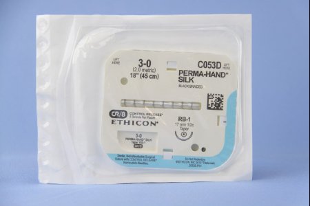 Picture of Suture with Needle Perma-Hand™ Nonabsorbable Coated Black Suture Braided Silk Size 3 - 0 18 Inch Suture 1-Needle 17 mm Length 1/2 Circle Taper Point NeedleC053D
