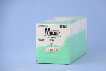 Picture of Suture with Needle Ethilon™ Nonabsorbable Uncoated Black Suture Monofilament Nylon Size 9 - 0 12 Inch Suture Double-Armed 7 mm Length 1/2 Circle Spatula Needle9036G