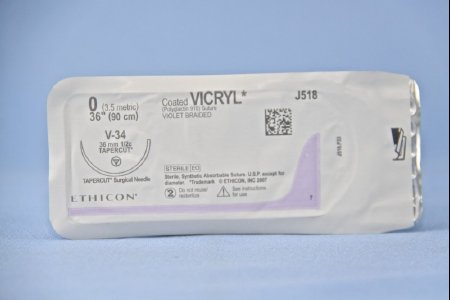 Picture of Suture with Needle Coated Vicryl™ Absorbable Coated Violet Suture Braided Polyglactin 910 Size 0 36 Inch Suture 1-Needle 36.4 mm Length 1/2 Circle Taper Point Cutting NeedleJ518H