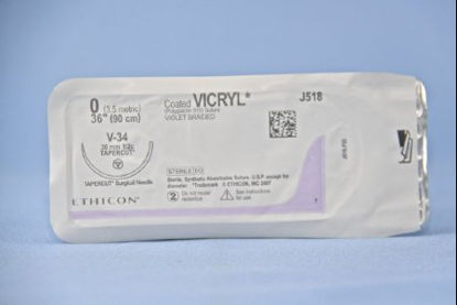 Picture of Suture with Needle Coated Vicryl™ Absorbable Coated Violet Suture Braided Polyglactin 910 Size 0 36 Inch Suture 1-Needle 36.4 mm Length 1/2 Circle Taper Point Cutting NeedleJ518H