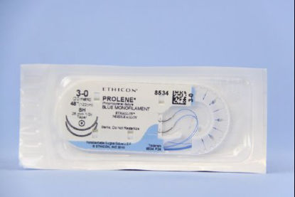 Picture of Suture with Needle Prolene™ Nonabsorbable Uncoated Blue Suture Monofilament Polypropylene Suture Size 3 - 0 48 Inch Suture Double-Armed 26 mm Length 1/2 Circle Taper Point Needle8534H